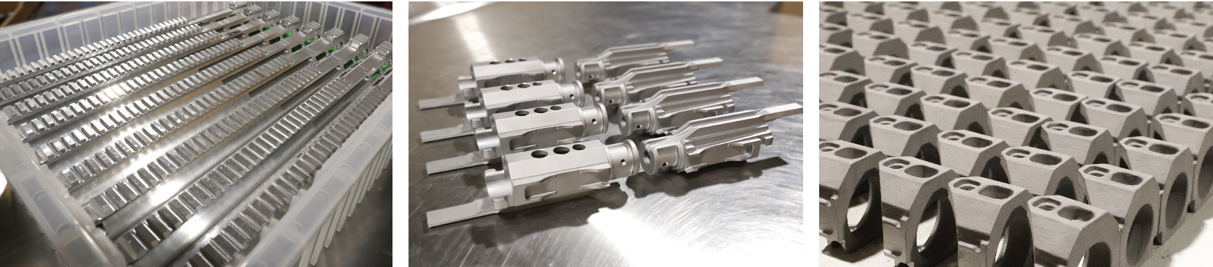 Left - Top half of the Olympus Arms Vulcan upper assembly are produced in two operations on the NHX 5000.Middle - After struggling to find a vendor to accurately produce their bolt Blue Sky brought the manufacturing in-house.
Right - The front trunnion of the Olympus Arms Vulcan .308 are one of the parts that can easily run lights out on the DMGs.